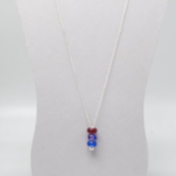 Blue Red Glass Bead Pendant Necklace With Sterling Silver Chain - Picture 2 of 4
